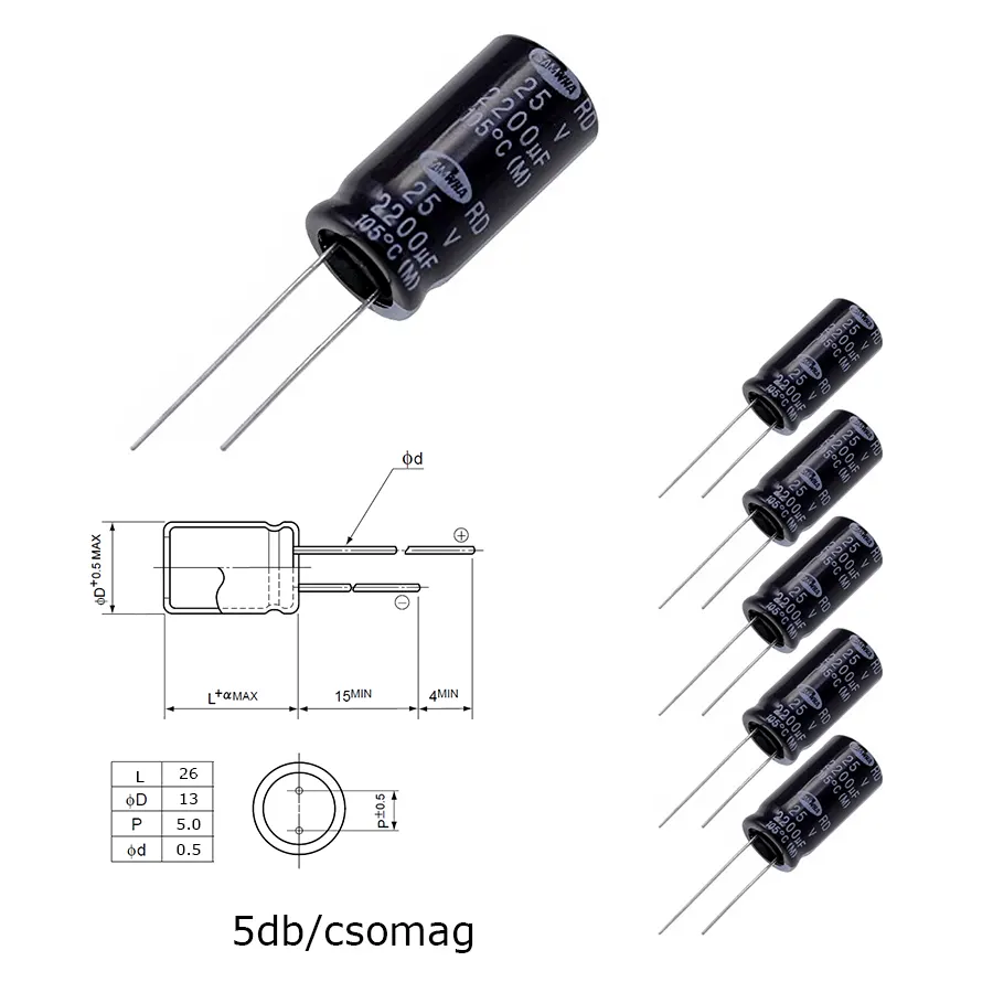 Elektrolit kondenzátor, 2200µF/25V 105°C, Ø13x26mm, 5db/csomag