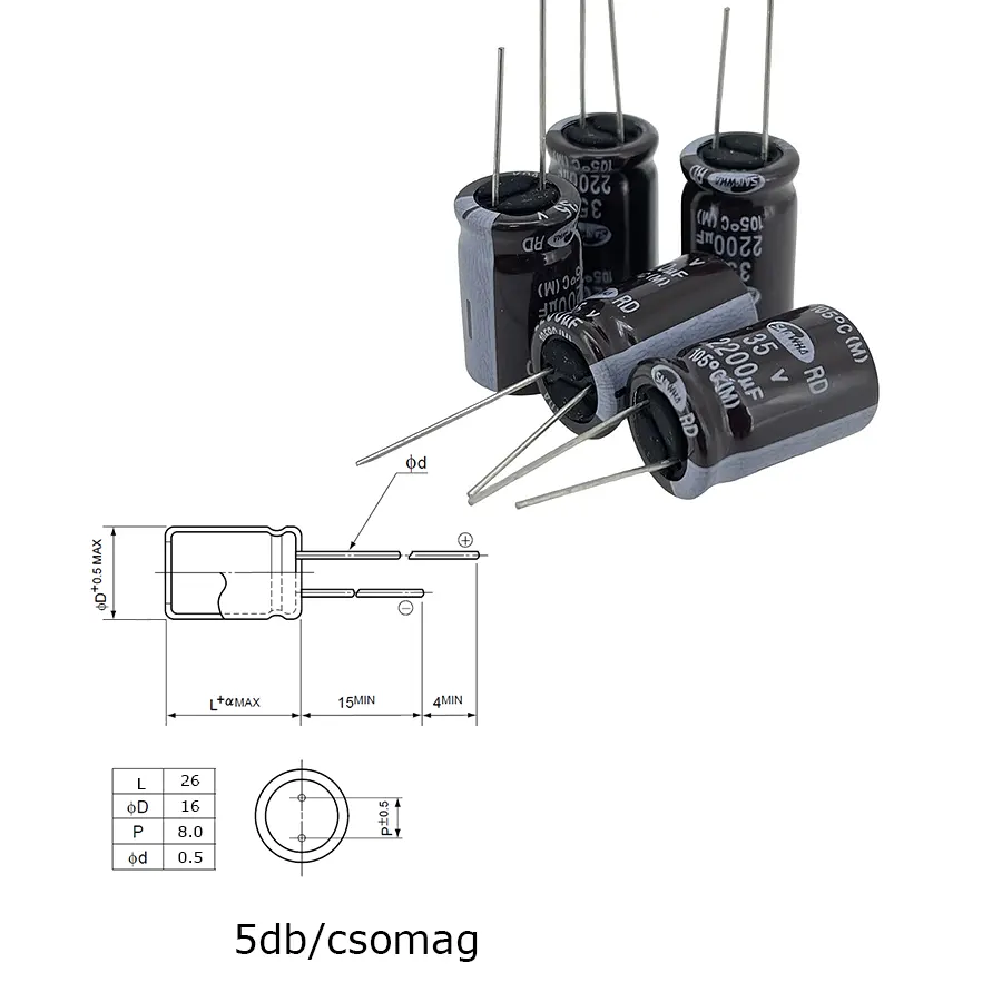 Elektrolit kondenzátor, 2200µF/35V 105°C, Ø16x26mm, 5db/csomag