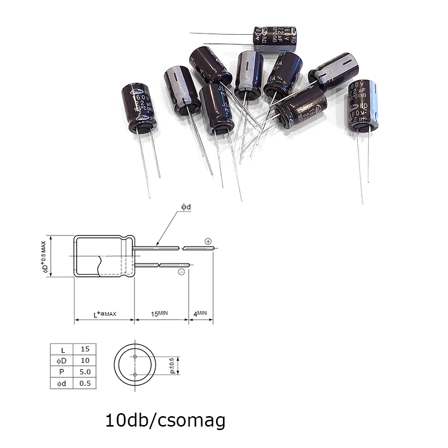 Elektrolit kondenzátor, 22µF/160V 105°C, Ø10x15mm, 10db/csomag