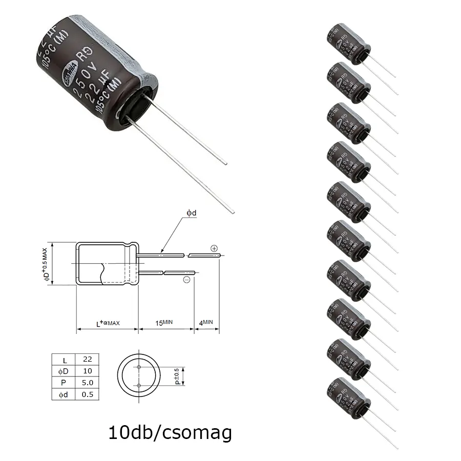Elektrolit kondenzátor, 22µF/250V 105°C, Ø10x22mm, 10db/csomag