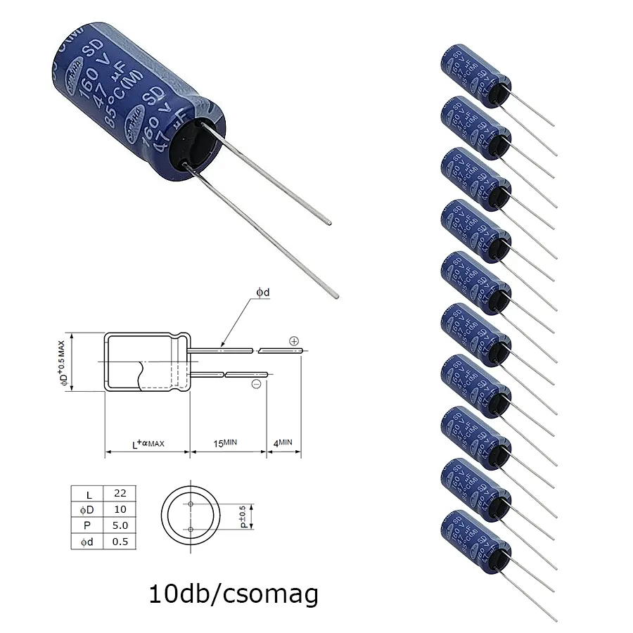 Elektrolit kondenzátor, 47µF/160V 85°C, Ø10x22mm, 10db/csomag