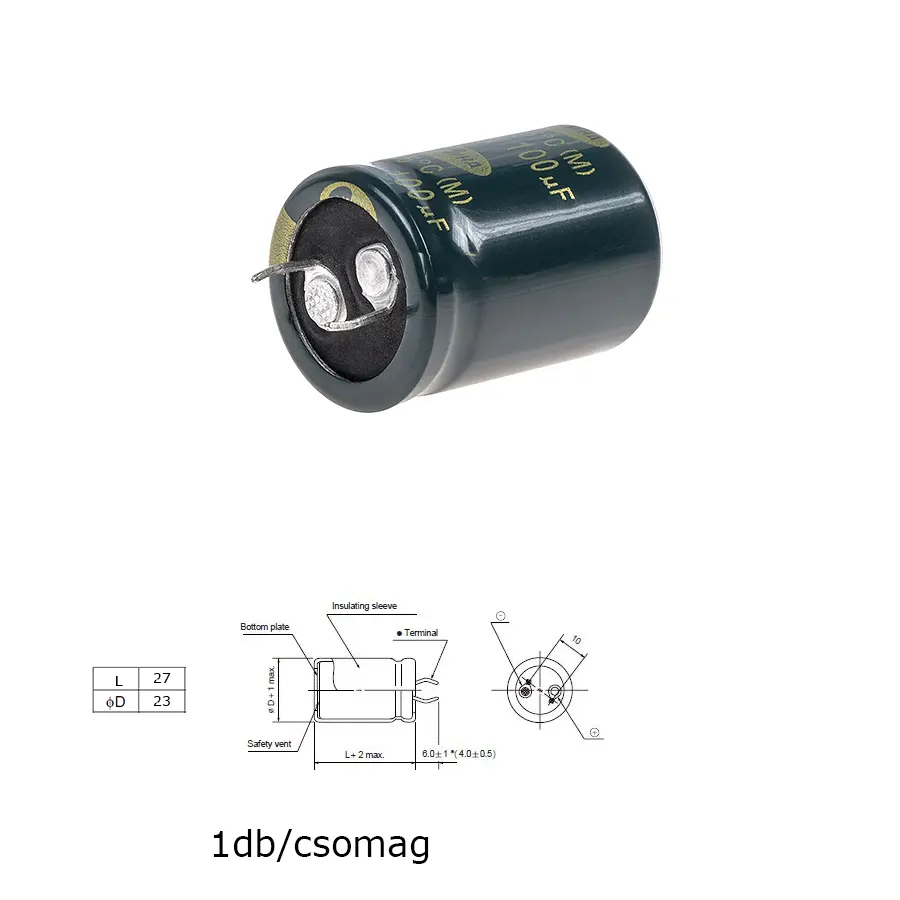 Elektrolit kondenzátor, 100µF/350WV 85°C, Ø23x27mm, 1db/csomag