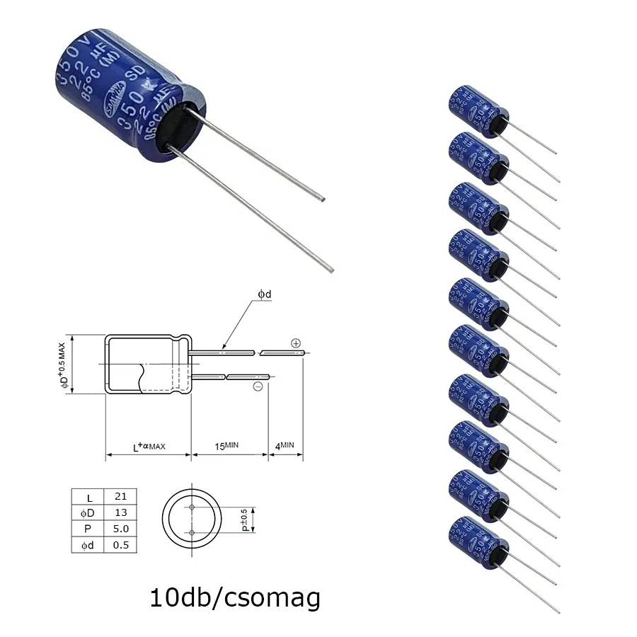 Elektrolit kondenzátor, 22µF/350V 85°C, Ø13x21mm, 10db/csomag